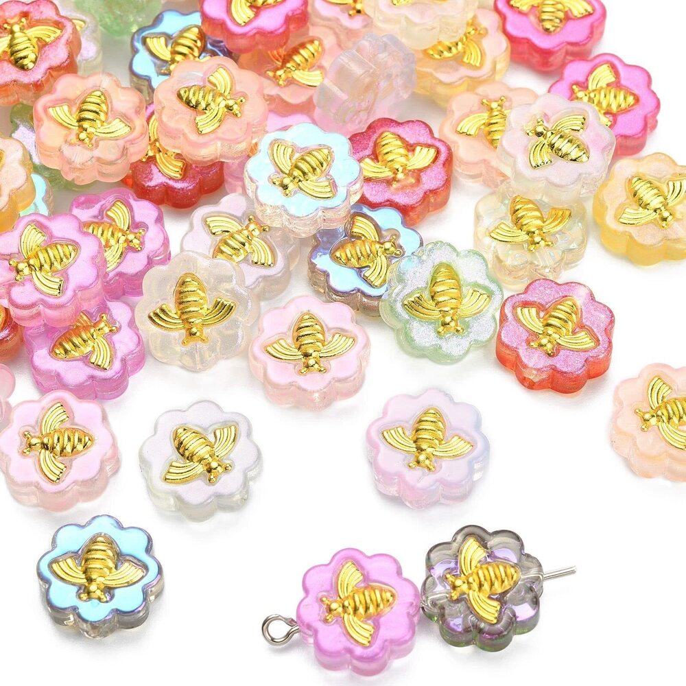 5469 60Pcs Flower with Bee Pattern Beads Glass Animal Honeybee Tiny Beads